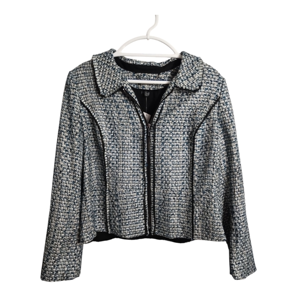 WHBM Tweed‎ Moto River Teal Zip Up Business Casual Office Work Party Jacket 16